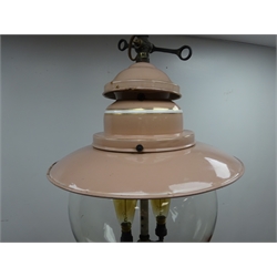  Pink enamel industrial pendant light fitting, two branch with clear glass globular shade, H66cm approx (re-wired)  