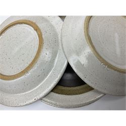 Marianne De Trey (British 1913-2016) stoneware coffee service for twelve, together with a large deep stoneware footed bowl and ladle with wood handle, all decorated in Manganese 'Pattern 1' with impressed shell marks, bowl D27cm