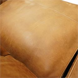 Alexander James - Chesterfield tan three seat sofa, button backed with scrolled arms, brass studded trim raised on light wood turned feet