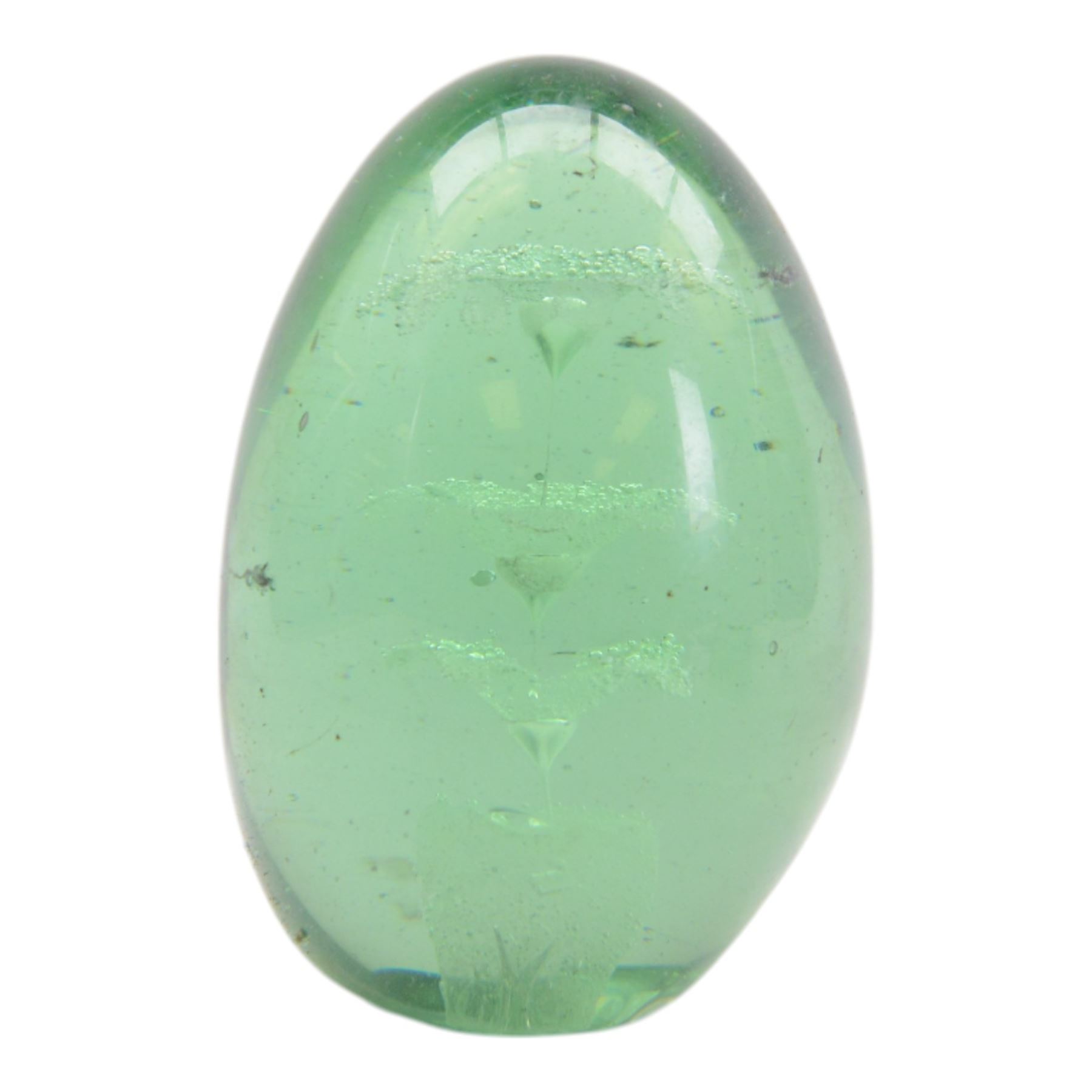 Three Victorian green glass dump paperweight with floral sulphur inclusions, H14cm