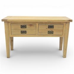 Rustic pine modern console table, fitted with two drawers