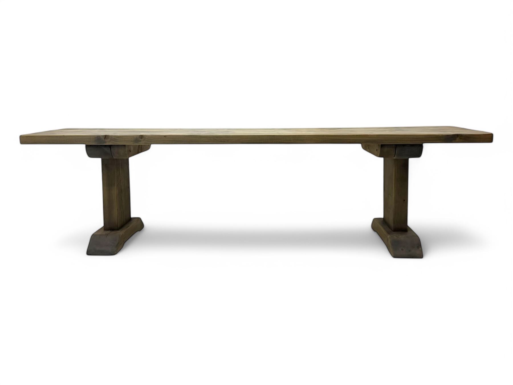 Barker & Stonehouse - contemporary 'Newsham' reclaimed oak dining bench, rectangular plank seat over twin pedestal supports with shaped bases, finished in weathered grey wax