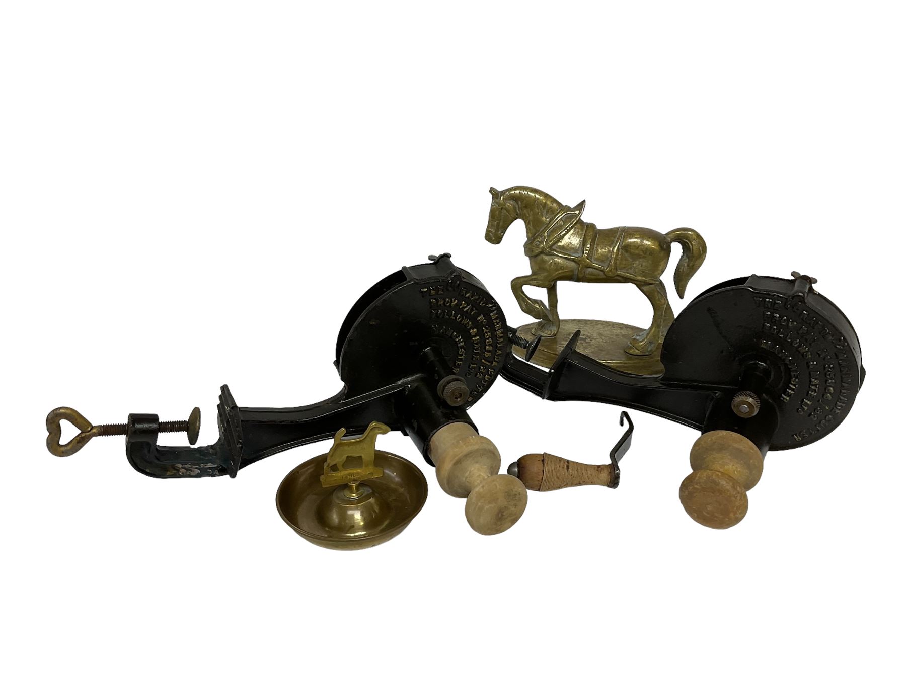 Two cast iron Follows and Bate Ltd Rapid Marmalade Cutter, Manchester, brass figure of a horse etc