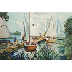 Jason Partner (British 1922-2005): 'Boats at Naseby', oil on board signed and dated '54?, titled on label verso 61cm x 91cm (unframed)