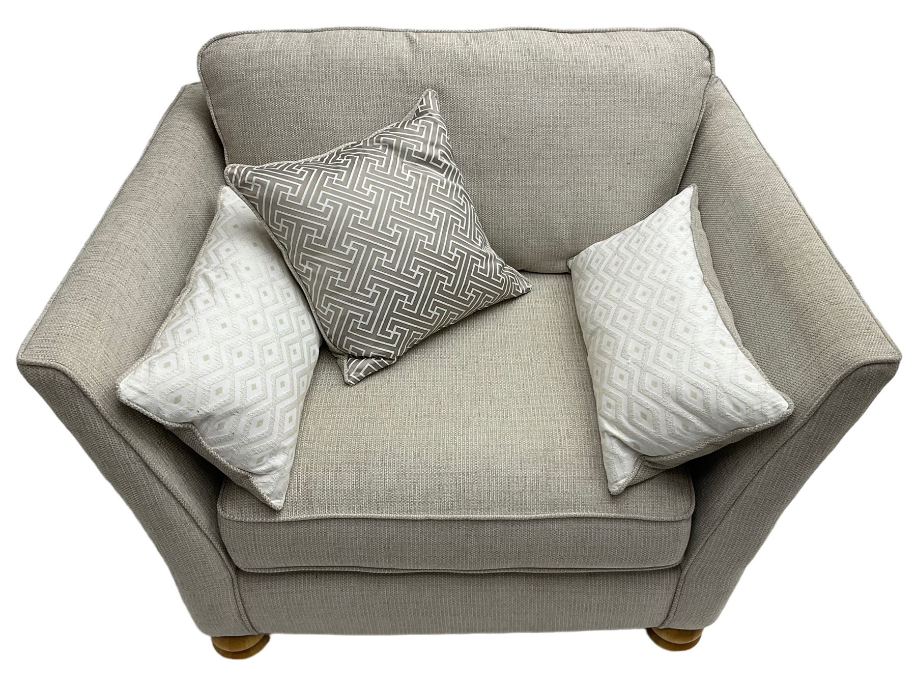 Oak Furnitureland - three-piece lounge suite upholstered in grey fabric, large three-seat sofa (W238cm, D106cm), two-seat sofa (W209cm), and snuggler sofa (W129cm)