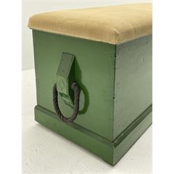 Victorian pine blanket box, cushion upholstered top, roped handles, plinth base 