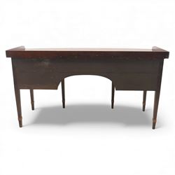  George III mahogany bow-front sideboard, the top with shaped gallery back above one frieze drawers, each outlined with strung inlay, flanked by deep cupboard doors, raised on square tapering legs with spade feet