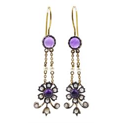 Pair of gold and silver-gilt pendant earrings set with cabochon amethysts, diamonds and pearls 