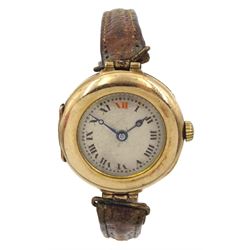 Rolex 9ct gold manual wind wristwatch, enamel dial with Roman numerals and red 12, case by Dennison, Birmingham 1919, on brown leather strap