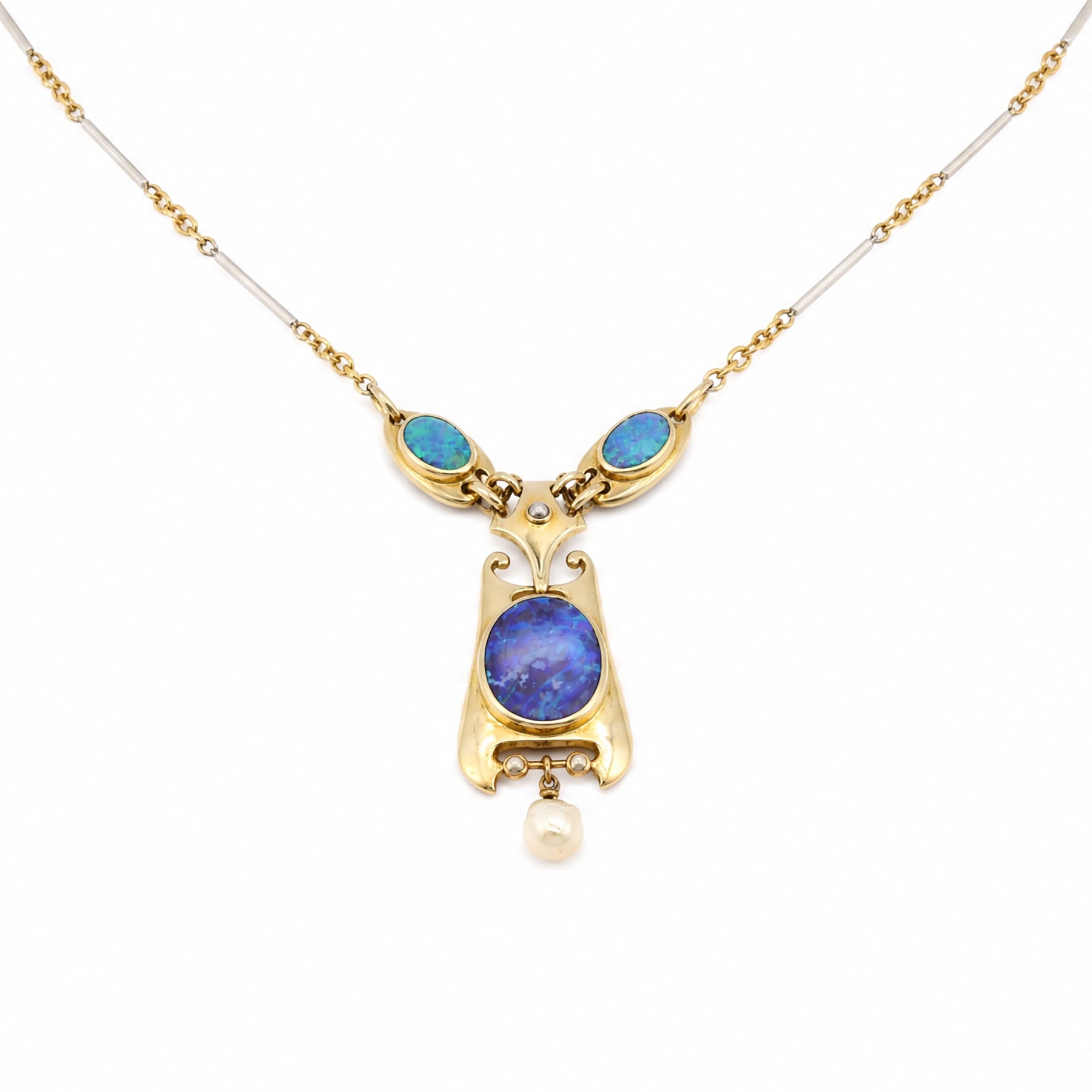 Murrle Bennett & Co Art Nouveau gold boulder opal and pearl pendant, stamped 15ct, on platinum bar and 15ct gold belcher link chain necklace 