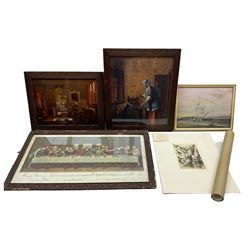 Two Medici Society prints after Pieter de Hooch, drypoint etching of Clovelly by M Lustleigh, French coloured etching (unframed), Vernon Ward print, and an Edwardian First Communion print (6)
