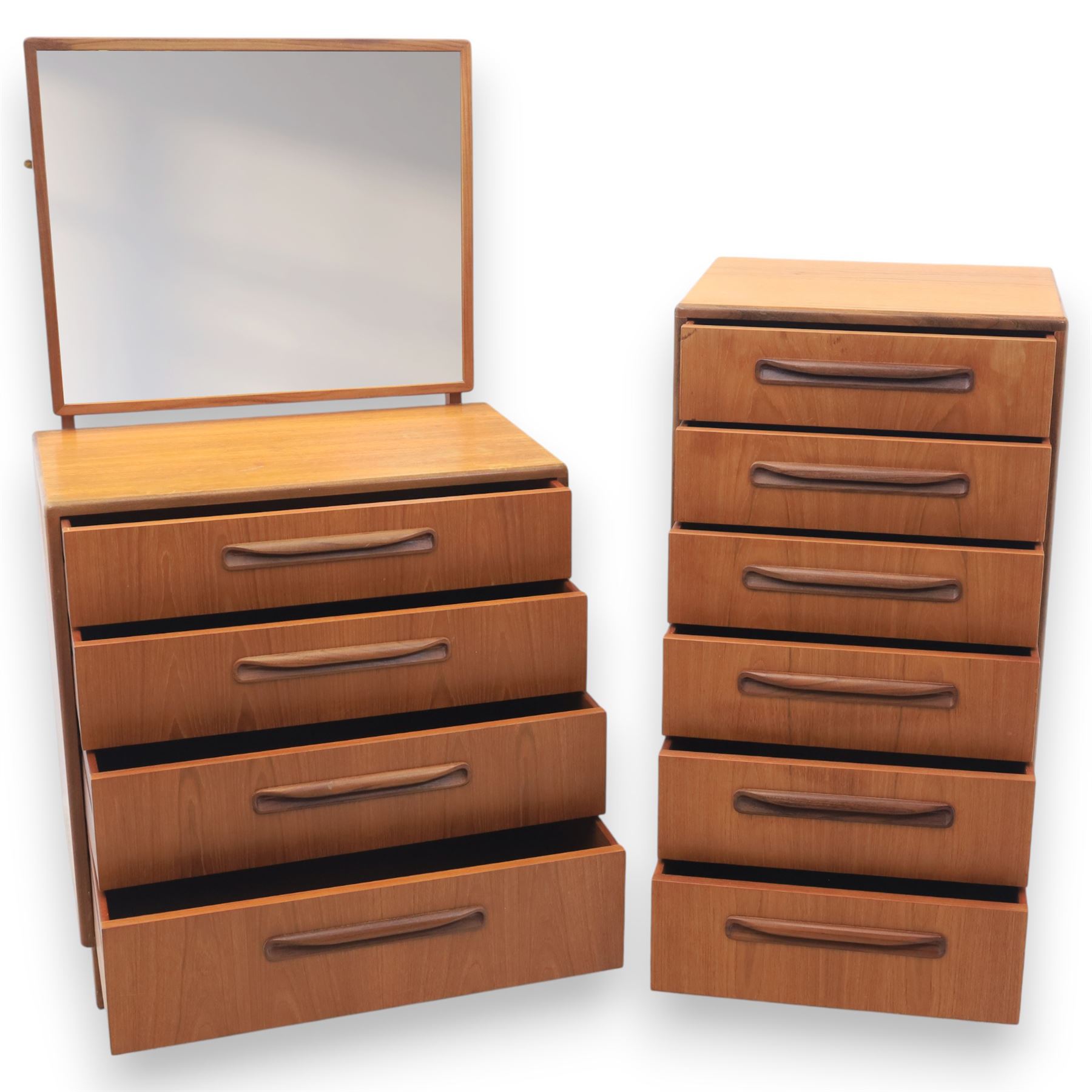 G Plan - 'Fresco' chest of drawers and mirrored dresser, chest of drawers with six drawers, dresser with four graduating drawers and swing mirror surrounded in teak, both raised on a recessed plinth base
Chest H 99cm, W 53cm, D 45cm
Dresser H 136cm, W 72cm, D 48cm