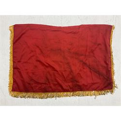 1960s North Vietnam banner embroidered in yellow thread on a red ground, roughly translates as 'Peoples Army of Viet Nam. Warriors of Viet Nam Determined To Keep The Country 1964' around a central military crest with the motto 'Warriors Keep The Country'; tassels to three sides 70 x 100cm