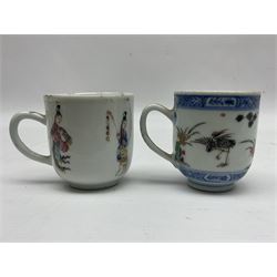 Two 18th century Chinese Yongzheng coffee cups, the first example decorated in polychrome enamel with rooster amidst blossoming peonies, the second decorated with deer and crane among rockwork and pine tree, together with two further 18th century Chinese coffee cups, an 18th century Chinese tea bowl, and a further tea bowl