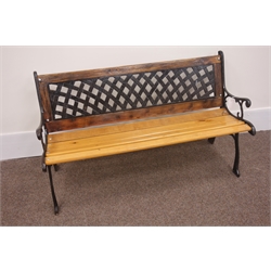  20th century cast iron and wood slatted garden bench with lattice back, W126cm  