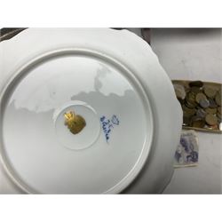 Set of four Dresden dessert plates hand painted with flowers and gilt scrolls, together with silver plate serving dish, a mahogany folding cake stand and a collection of coins