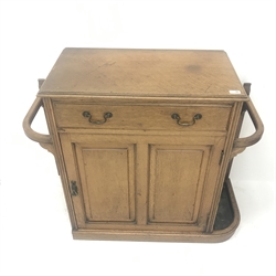Early 20th century oak hallstand, single drawer above cupboard and stick stand, shaped plinth base, W109cm, H92cm, D44cm