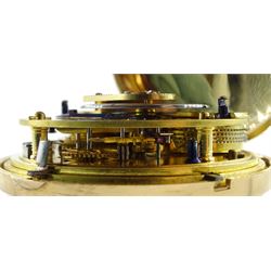 George III 18ct gold pair cased English lever fusee pocket watch by John Bolton, Durham, No. 844, round baluster pillars, engraved balance cock with flower decoration and diamond endstone, stop/work lever, cream enamel dial with Roman numerals and subsidiary seconds dial, case makers mark V&R, Chester 1819