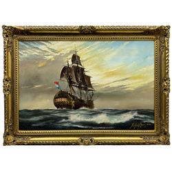 Peter Gerald Baker (British 20th century): 'D'Batavaise Eeuw - Dutch East India Man 1719 in Strong Winds and Good Atlantic Swill Makes Her Way to Trade in the East Indies', oil on canvas signed and dated 1980, 50cm x 75cm