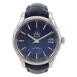 Omega De Ville Hour Vision gentleman's stainless steel automatic wristwatch, Cal. 8900, Ref. 433.33.41.21.03.001, serial No. 87712187, blue dial with date aperture, on original blue leather strap and stainless steel foldover clasp, boxed with papers and warranty card dated 2020