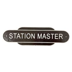 Cast iron Station Master wall plaque on a brown ground, L39cm - THIS LOT IS TO BE COLLECTED BY APPOINTMENT FROM DUGGLEBY STORAGE, GREAT HILL, EASTFIELD, SCARBOROUGH, YO11 3TX