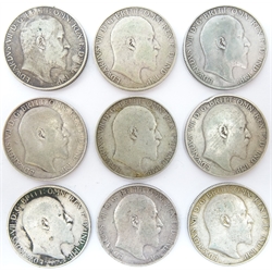  Nine Great British King Edward VII florins (Standing Britannia), 1902, 1903, 1904, 1907, 1909, 1910 and three others with illegible dates  