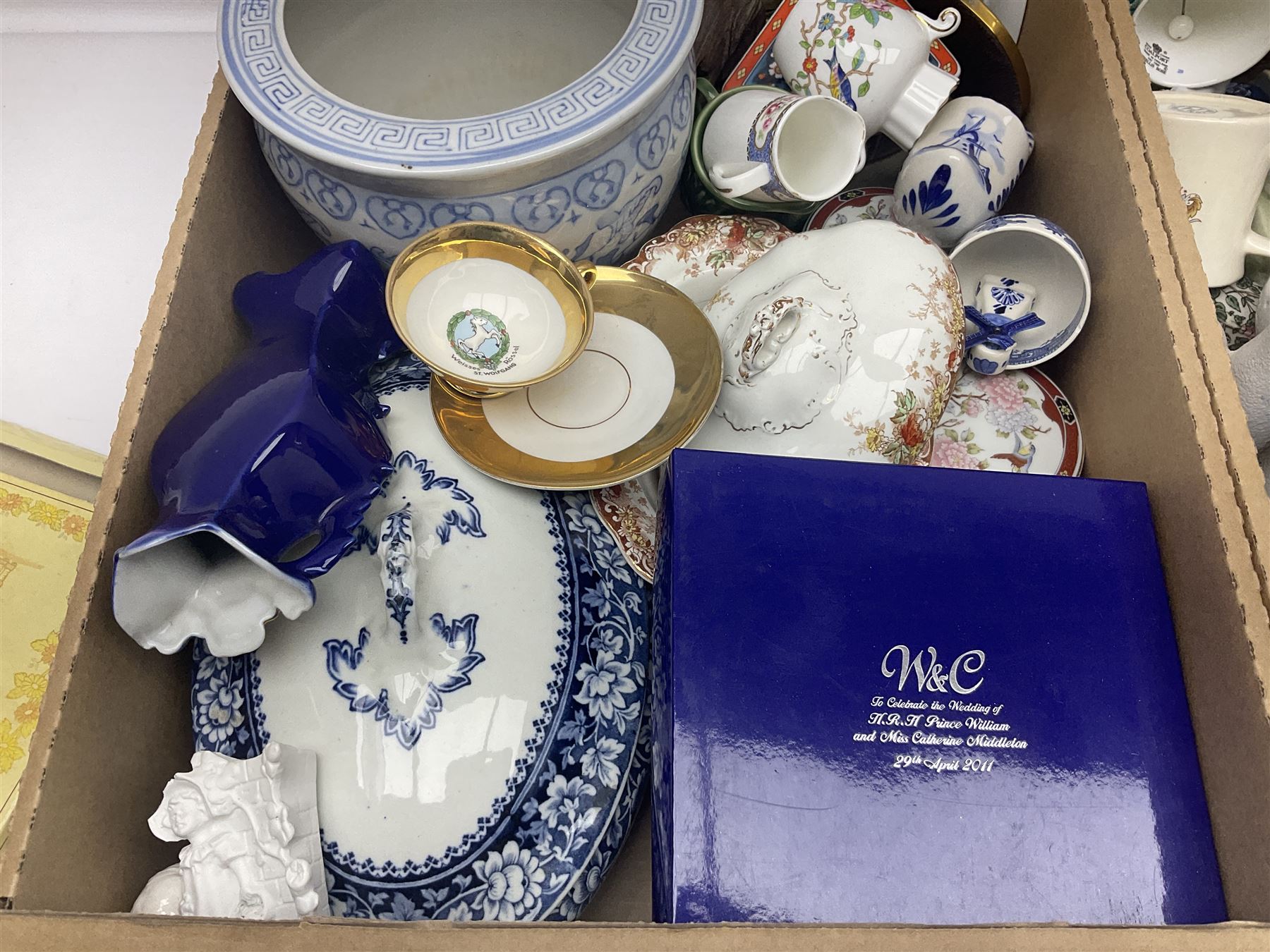 Sadler Celery face pot, Noritake planter, Ringtons blue and white jar, Royal commemorative ware, and a collection of other ceramics, in two boxes 