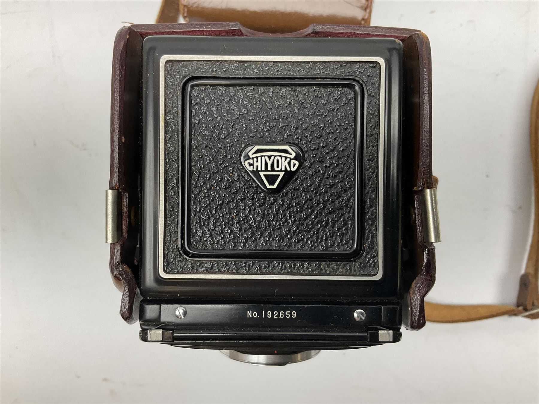 Minolta Autocord camera,serial no. 192659, 'View- Rokkor 1:32 f=75mm no.1986165' lens and 'Chiyoko Rokkor 1:3.5 f=75mm lens no.1400117' in brown leather case