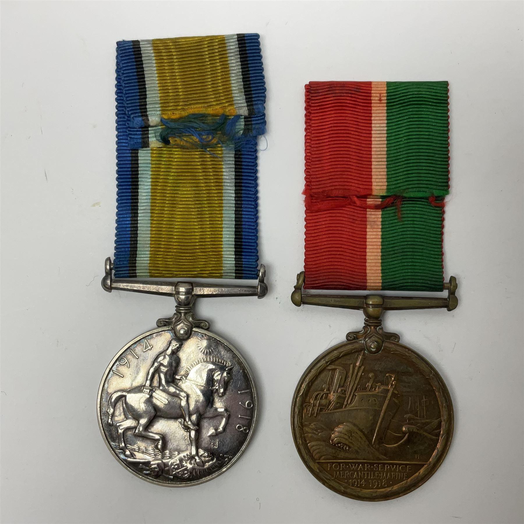 WWI Mercantile Marine pair of medals comprising British War Medal and Mercantile Marine Medal awarded to David J. Mordecai; both with ribbons (2)
