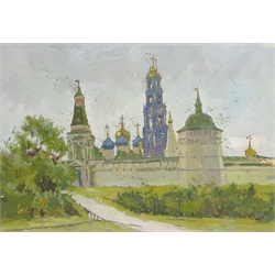 Russian School (20th century): 'Early Morning' - Orthodox Church, oil on board/paper unsigned, titled in Cyrillic and dated on the mount 19.5cm x 28.5cm