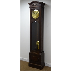  1920's oak long case clock with circular brass Arabic dial, twin brass weight driven movement striking the half hours on rods, convex and shaped glazed door on plinth base, H212cm  