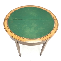 George III inlaid and cross banded mahogany demi-lune card table, folding top enclosing green baize, square tapering supports, W92cm, H76cm, D46cm 