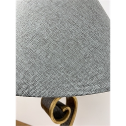  Large gilt and simulated stone 'S' form table lamp on a stepped polished stone effect base, blue/grey tone Hessian type shade, H93cm  