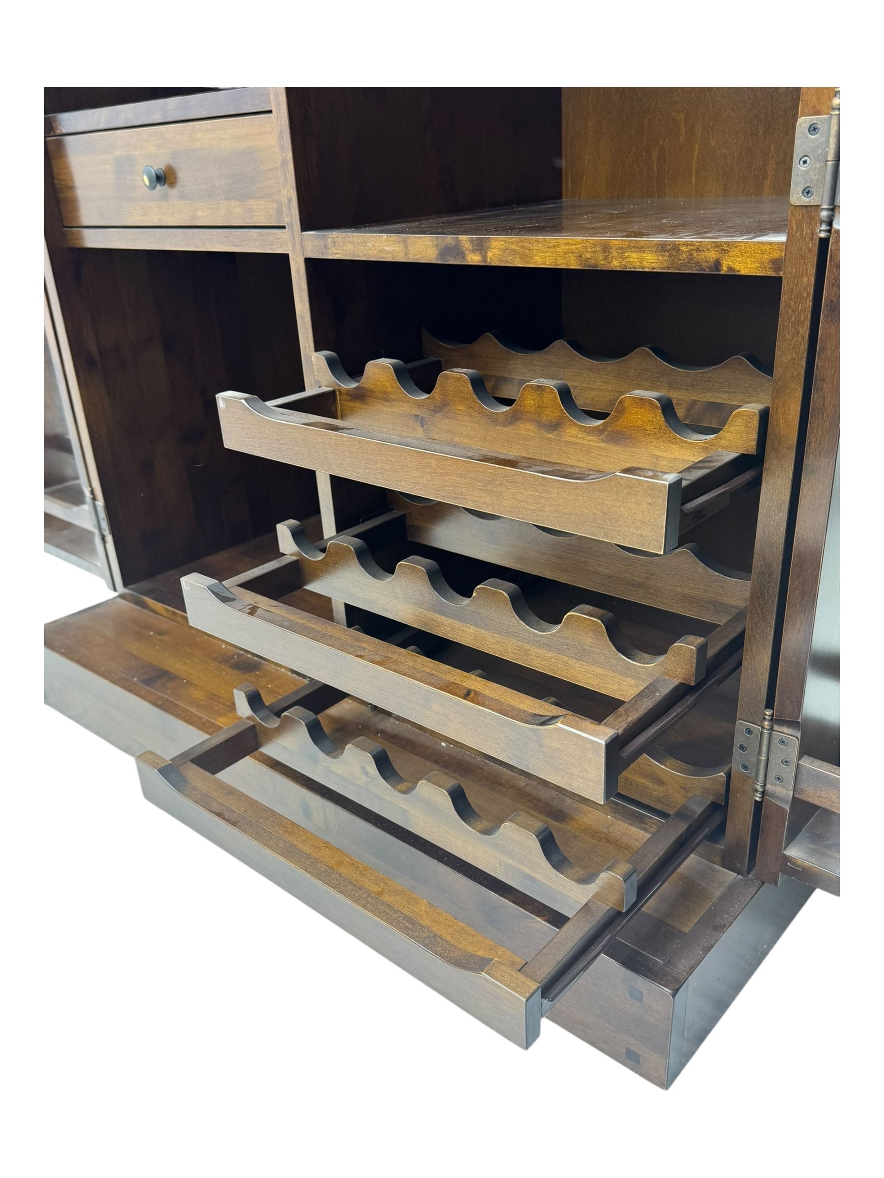 Laura Ashley - contemporary 'Garret' birch and dark chestnut finish bar cabinet, rectangular top with fold-out sides, double front doors enclosing shelving, wine racks, and glass storage, built-in stemware racks and bottle compartments, raised on plinth base