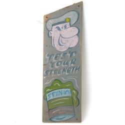 'Test Your Strength' fairground sign, with Popeye and spinach, H70cm x W23cm 