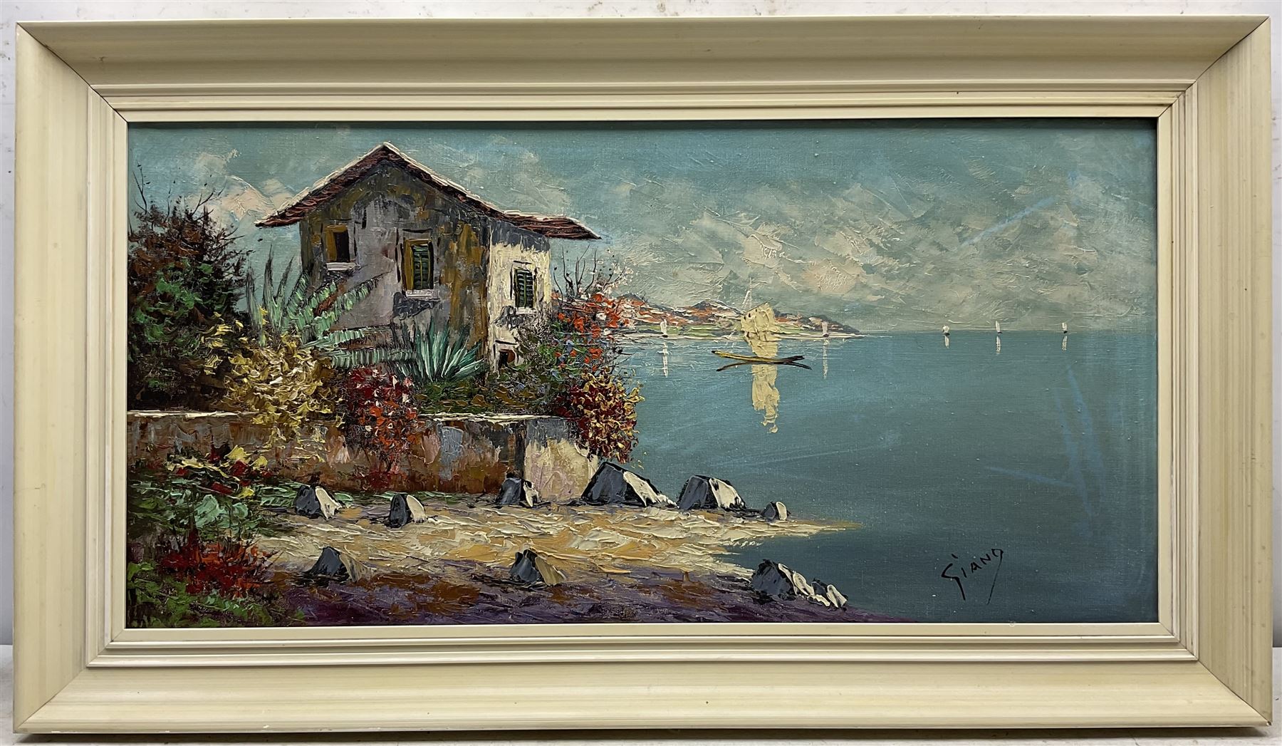 Continental School (Late 20th Century): Villa beside Lake Como, oil on canvas signed 'Giano' 38cm x 79cm