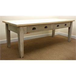  19th century painted pine farmhouse dining table with stripped sycamore planked top, two drawers, square tapering supports, W220cm, H79cm, D91cm  