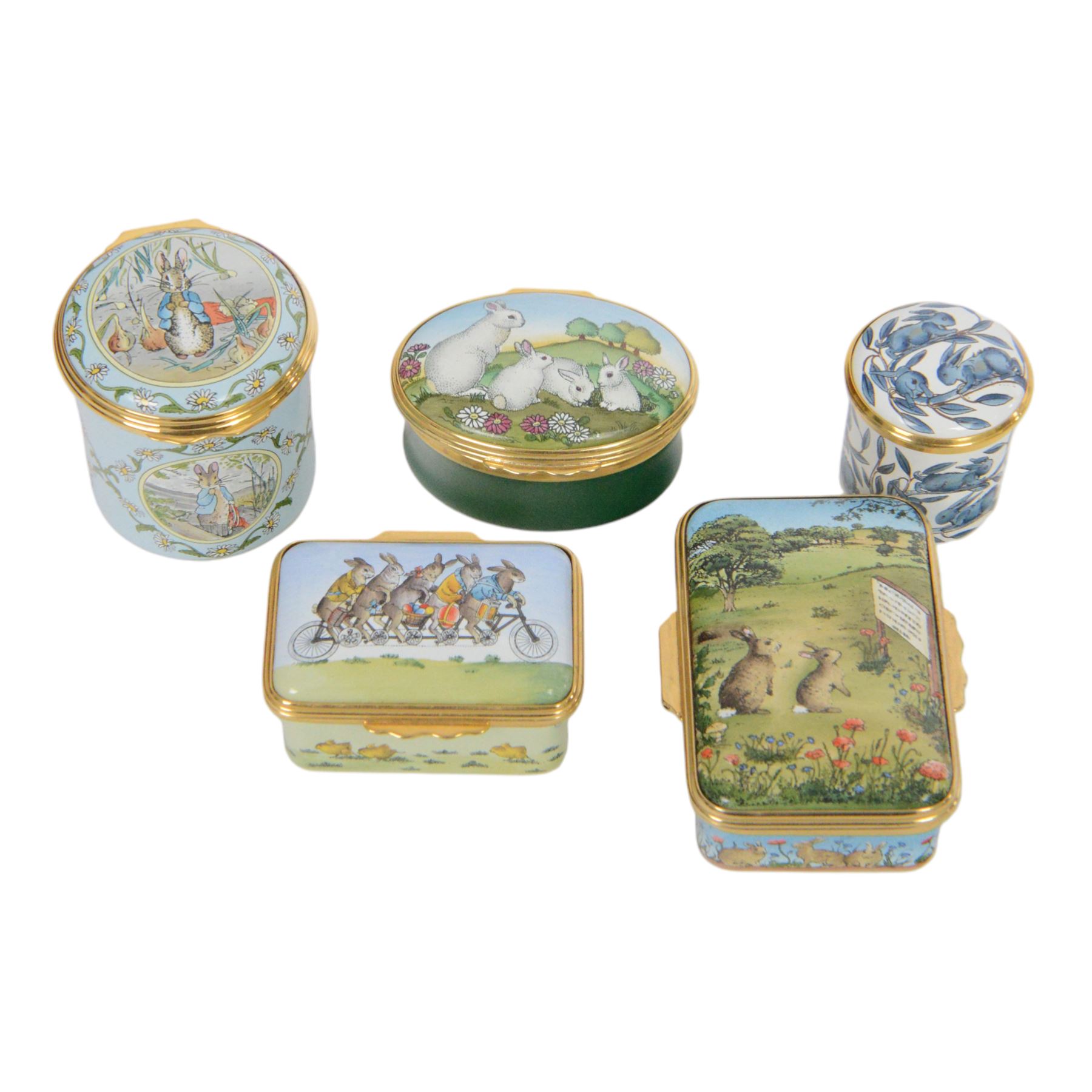 Ten Halcyon Days enamel trinket boxes, including Peter Rabbit, Watership down and easter examples, tallest H5cm