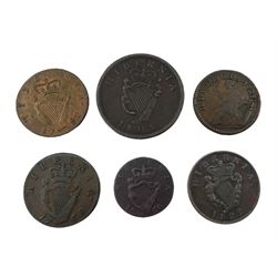 Six 18th century and later Irish coins, including George I 1724 halfpenny, George III 1769 halfpenny, 1805 penny etc