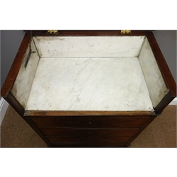  19th century French figured walnut washstand, hinged top enclosing carrara marble interior, above four drawers, plinth base, W70cm, H89cm, D42cm  