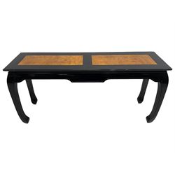 20th century Chinese ebonised lacquered console table, rectangular top with contrasting elm rectangular panels, shaped apron over curved supports