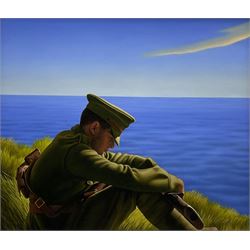 Ross Watson (Australian 1962-): Soldier's Contemplation on the Cliff Top, acrylic on board signed 44cm x 51cm