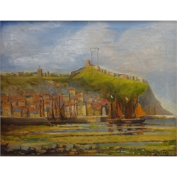  Scarborough Harbour, 20th century oil on canvas signed by Irwin Mitchell and Robin Hoods Bay, oil on canvas signed by the same hand 35cm x 45cm and 38cm x 28cm (2)  