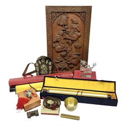 Collection of modern Chinese items, to include a resin paperweight topped with a glass dragon, signs of the zodiac Chinese paper cutting with original box, carved wooden plaque etc  