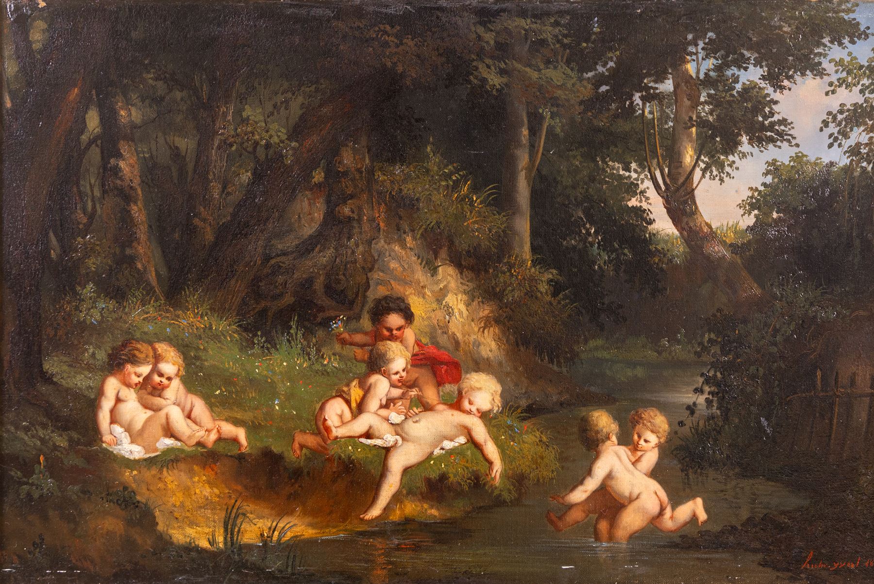 Continental School (19th Century): Cherubs near the Waters Edge, oil on canvas indistinctly signed and dated 1860, 40cm x 60cm 