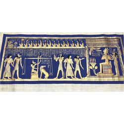 Egyptian School (20th century): Hymn to Nut and Judgement Day, two paintings on papyrus indistinctly signed max 58cm x 140cm (2) (unframed)
