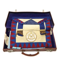  Masonic Regalia including silver gilt and enamel Past Masters jewel from the Hazel Lodge, other gilt metal jewels, leather aprons etc in case