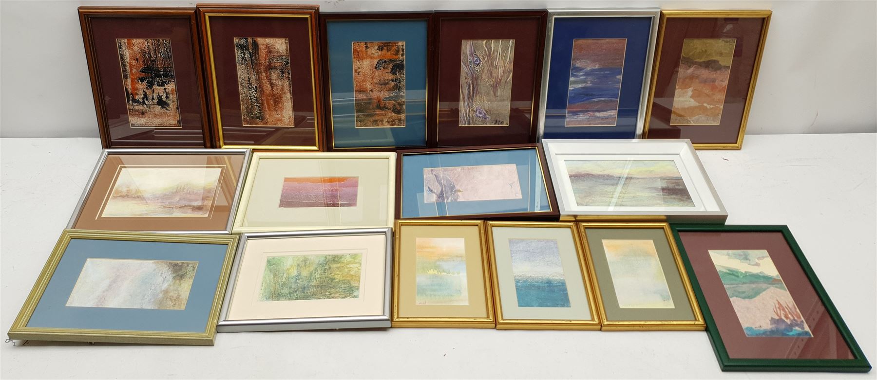 Madeleine Eyland (Belgian/British 1930-2021): Large quantity of small framed abstract pastels, watercolours and mixed media, approx 33 
Provenance: artist's studio collection. Marie-Madeleine Eyland (neé Legrain) was born in 1930 at Floriffoux, Belgium; she lived most of her life in Scarborough working as a nurse and an artist.