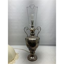 Late Victorian silver plated twin handled trophy converted into a table lamp, engraved Ayshire Junior 2nd XI Football Association, with winners dating from 1893 to the 1950s, stamped with J C & S makers mark with tasselled shade, H50cm excl fitting