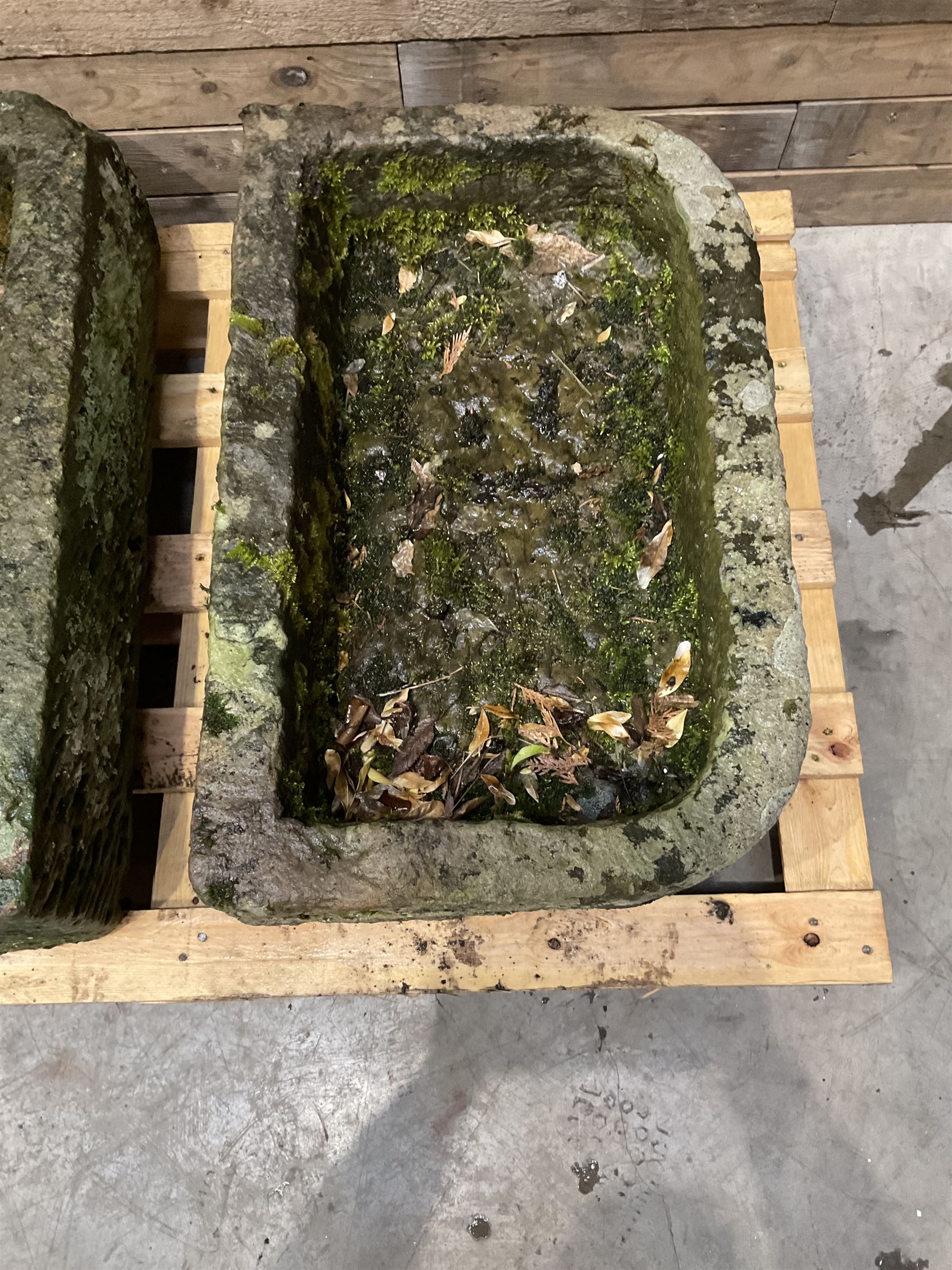 Two 19th century rectangular stone troughs (W72cm, D46cm, H25cm & W70cm, D44cm, H23cm)